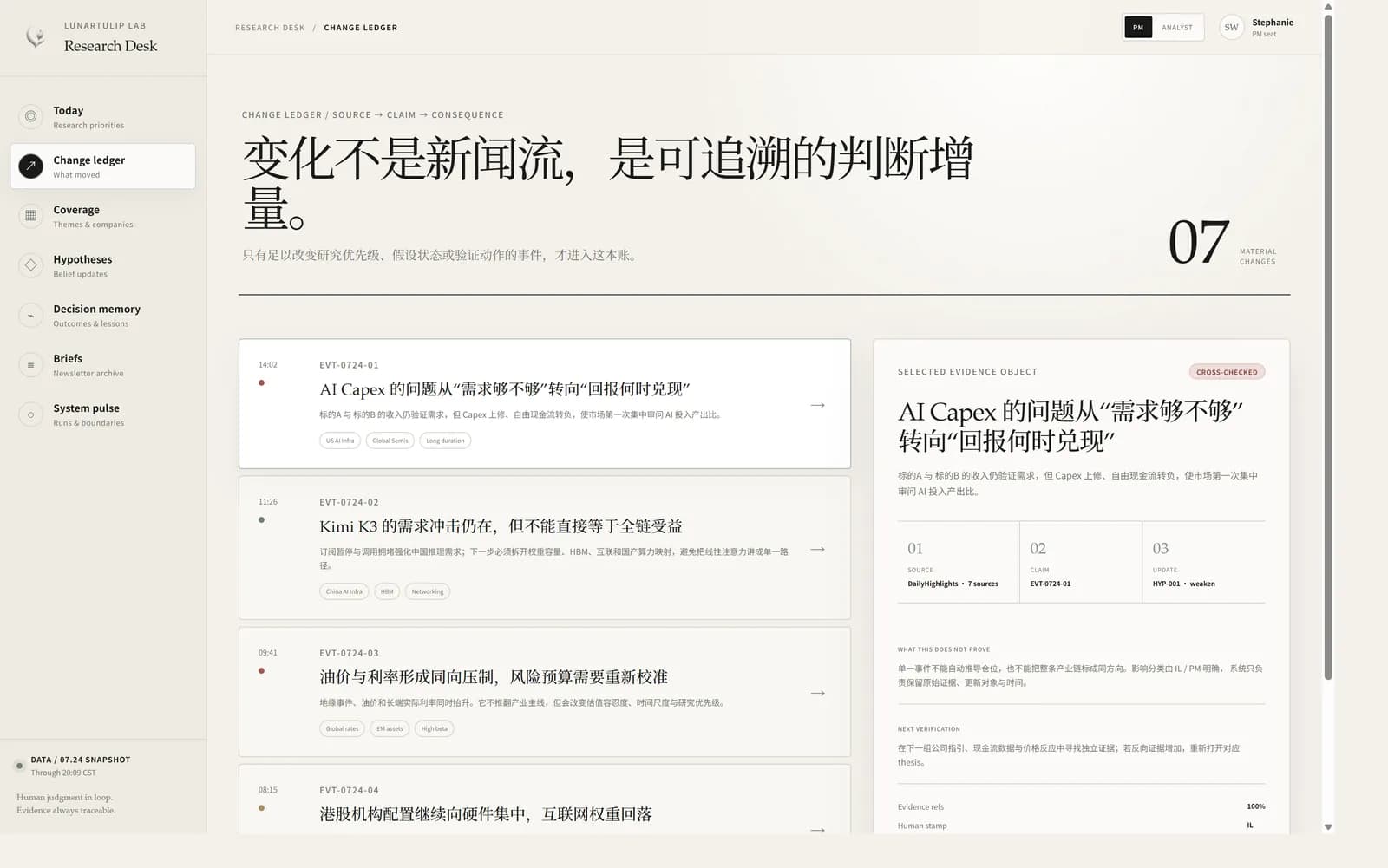 Research Desk Change Ledger 事件账本脱敏界面